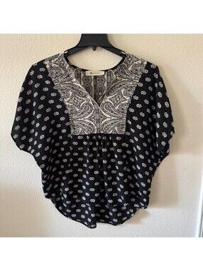 Black Paisley Boho Batwing Tunic Blouse Womens S Resort Hippie Flowy Festival